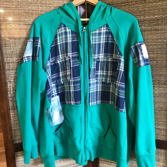 Upcycled Patchwork Hoodie, XL-1X: Grungy Zip-Up Hooded Jacket, A Little Bit Wild - Picture 8 of 11